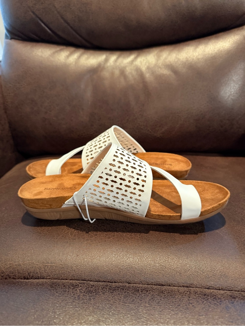 BareTraps White Perforated Slide Sandals with Tan Footbed - Picture 5 of 7